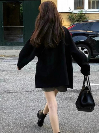 Черно късо корейско вълнено яке Дамско есенно яке 2023 с копчета Свободно ежедневно палто от улицата Дамско модно корейско яке Y2k
