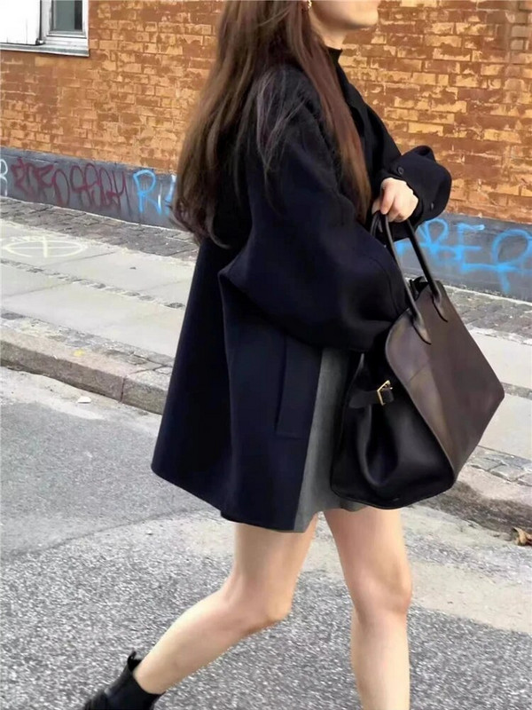 Must lühike Korea villane naiste jakk 2023. aasta sügisnööbiga avar vaba vabaaja mantel Naiste moodne Korea Trench-jope Y2k