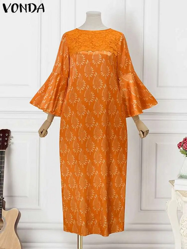 2023 VONDA Maxi pikk kleit naiste suvine peokleit, pikkade varrukatega, trükitud pits Vestidos elegantne rüü, vintage satiinist päikesekleit