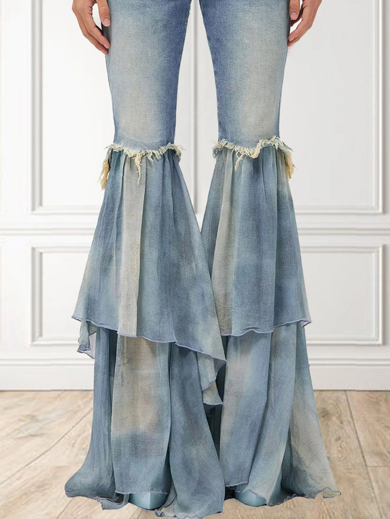 Uus naiste mood Tutt Flare Ruffle Edge Denim püksid Naiste tasku Temperament Kerge pestud laia säärega püksid Naiste mood