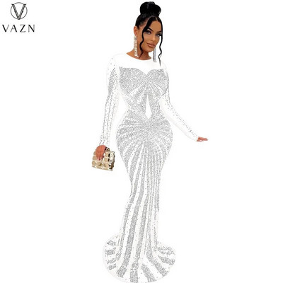 VAZN 2022 uus kuum müük High Street Style pikk kleit, pikkade varrukatega kaelusega kleit puhast värvi daami põrandapikkusega kleit