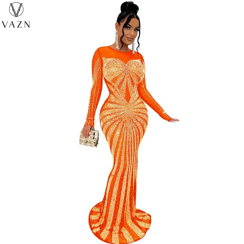 VAZN 2022 uus kuum müük High Street Style pikk kleit, pikkade varrukatega kaelusega kleit puhast värvi daami põrandapikkusega kleit