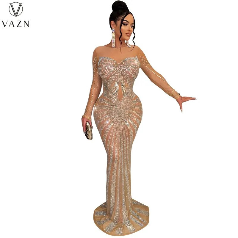 VAZN 2022 uus kuum müük High Street Style pikk kleit, pikkade varrukatega kaelusega kleit puhast värvi daami põrandapikkusega kleit