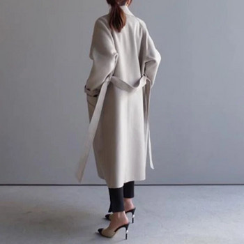 Зимно дамско бежово елегантно едноцветно корейско дълго палто от смесена вълна Ретро модно черно просто вълнено голямо палто от камила