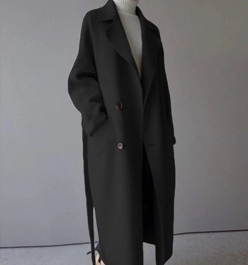 Зимно дамско бежово елегантно едноцветно корейско дълго палто от смесена вълна Ретро модно черно просто вълнено голямо палто от камила