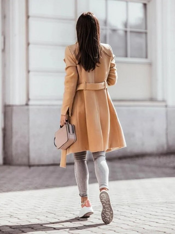 Ежедневно вълнено палто Дамско есенно-зимно модно 2021 г. Ново яке с отложна яка с копчета и дълъг ръкав Офис дамски палта с колан