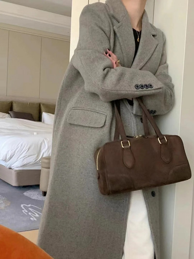 Sieviešu ziemas vintage gara vilnas mēteļa jaka, taisna, brīva vilnas žakete, vilnas virsjaka, vienrindas virsdrēbes 2023