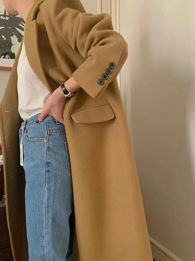 Sieviešu ziemas vintage gara vilnas mēteļa jaka, taisna, brīva vilnas žakete, vilnas virsjaka, vienrindas virsdrēbes 2023