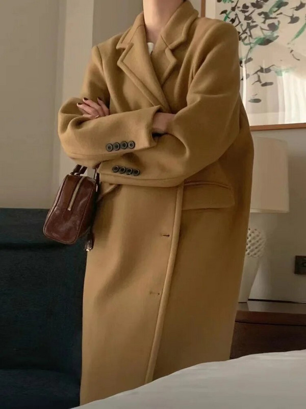 Sieviešu ziemas vintage gara vilnas mēteļa jaka, taisna, brīva vilnas žakete, vilnas virsjaka, vienrindas virsdrēbes 2023