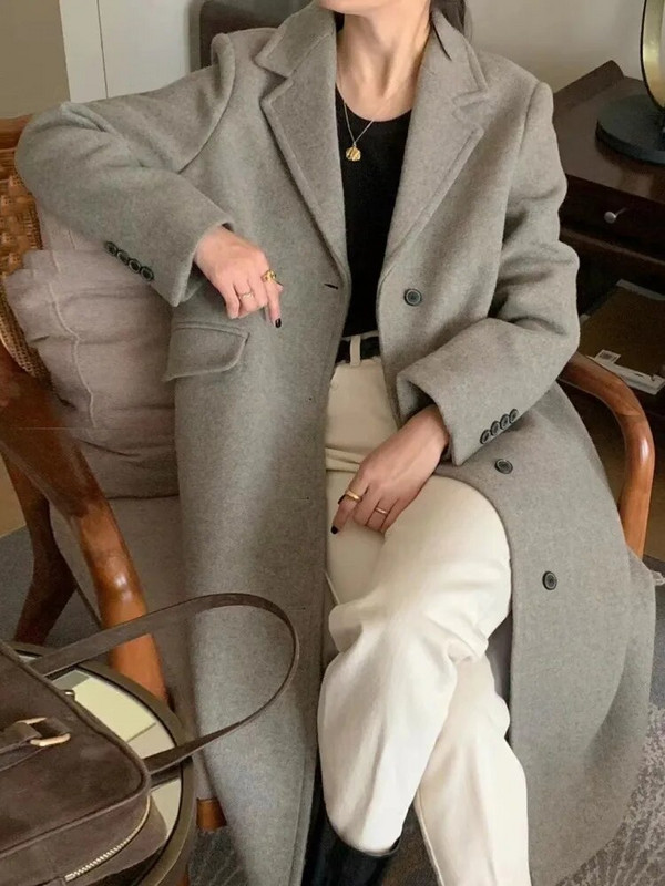 Sieviešu ziemas vintage gara vilnas mēteļa jaka, taisna, brīva vilnas žakete, vilnas virsjaka, vienrindas virsdrēbes 2023