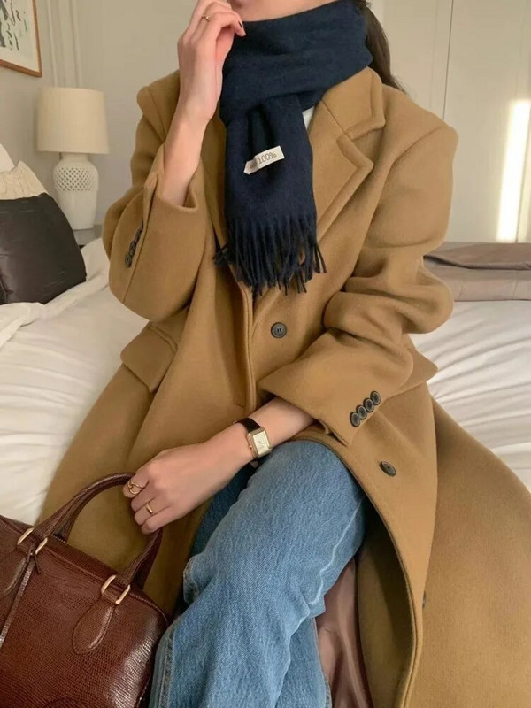 Sieviešu ziemas vintage gara vilnas mēteļa jaka, taisna, brīva vilnas žakete, vilnas virsjaka, vienrindas virsdrēbes 2023