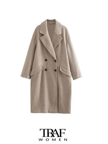 TRAF Дамско модно голямо двуредно вълнено палто Винтидж Дамско връхно облекло с капаци и джобове с дълъг ръкав Шикозно палто