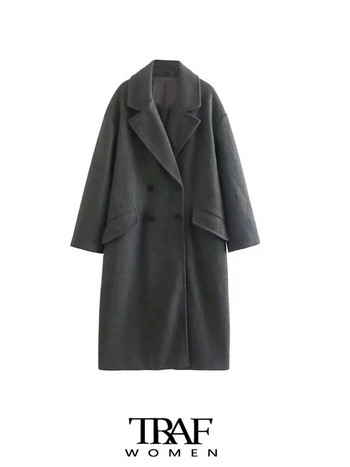 TRAF Дамско модно голямо двуредно вълнено палто Винтидж Дамско връхно облекло с капаци и джобове с дълъг ръкав Шикозно палто