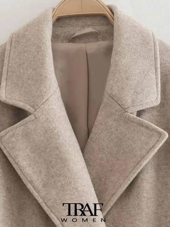 TRAF Γυναικεία μόδα Oversized μάλλινο παλτό με διπλό στήθος Vintage μακρυμάνικο τσέπες με πτερύγιο γυναικείο πανωφόρι κομψό πανωφόρι