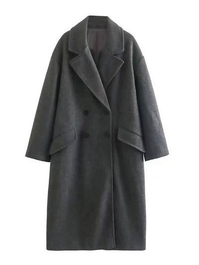 TRAF Ženski modni preveliki vuneni kaput s dvostrukim kopčanjem Vintage dugih rukava s preklopnim džepovima Ženska gornja odjeća Chic kaput