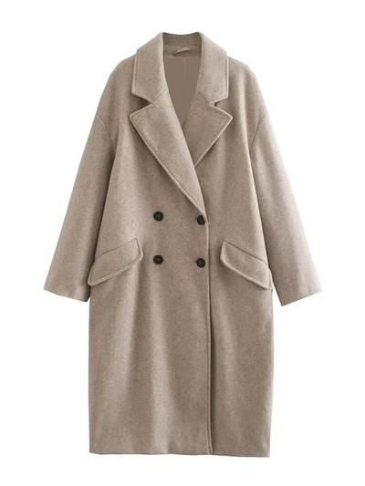 TRAF Ženski modni preveliki vuneni kaput s dvostrukim kopčanjem Vintage dugih rukava s preklopnim džepovima Ženska gornja odjeća Chic kaput