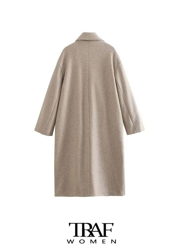 TRAF Ženski modni preveliki vuneni kaput s dvostrukim kopčanjem Vintage dugih rukava s preklopnim džepovima Ženska gornja odjeća Chic kaput
