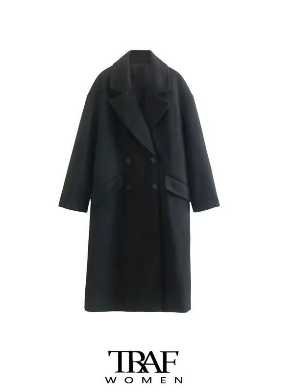 TRAF Ženski modni preveliki vuneni kaput s dvostrukim kopčanjem Vintage dugih rukava s preklopnim džepovima Ženska gornja odjeća Chic kaput