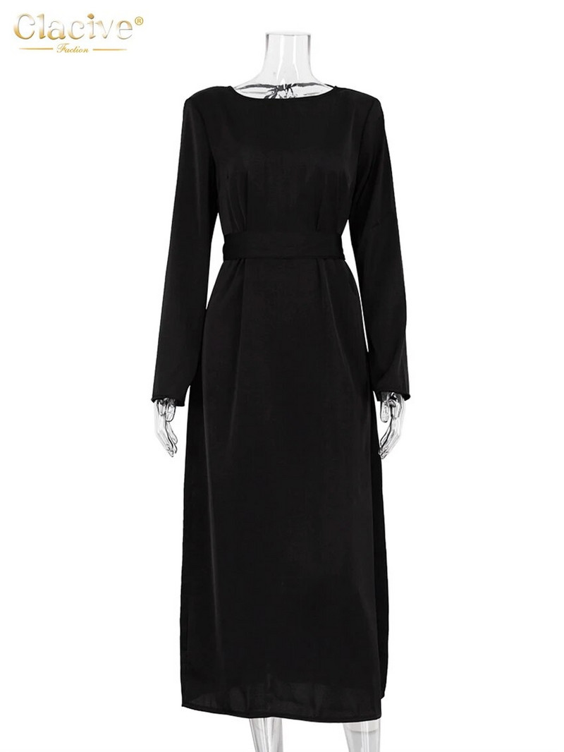 „Clacive Fashion“ laisva juoda moteriška suknelė Elegantiška biuro suknelės su iškirpte ilgomis rankovėmis iki kulkšnių Kasdieninė klasikinė moteriška suknelė