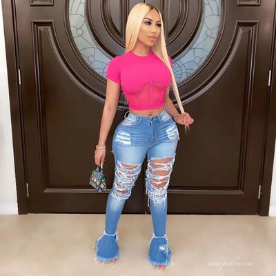 Ljetne traper hlače 2020. Ženske fluorescentne traperice s rupama Poderane lepršave hlače s rascjepima Ulične uske hlače visokog struka u 6 boja