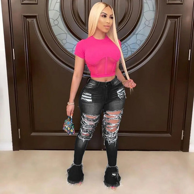 Ljetne traper hlače 2020. Ženske fluorescentne traperice s rupama Poderane lepršave hlače s rascjepima Ulične uske hlače visokog struka u 6 boja