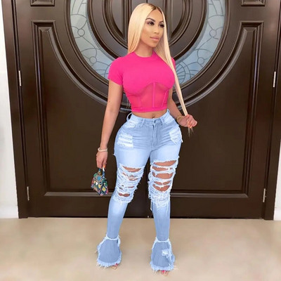 Ljetne traper hlače 2020. Ženske fluorescentne traperice s rupama Poderane lepršave hlače s rascjepima Ulične uske hlače visokog struka u 6 boja