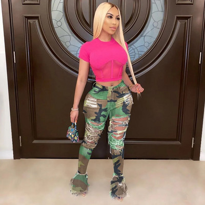 Ljetne traper hlače 2020. Ženske fluorescentne traperice s rupama Poderane lepršave hlače s rascjepima Ulične uske hlače visokog struka u 6 boja