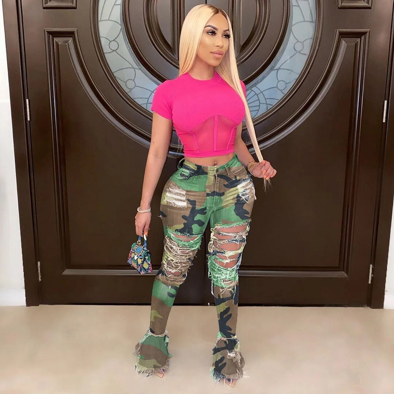 Ljetne traper hlače 2020. Ženske fluorescentne traperice s rupama Poderane lepršave hlače s rascjepima Ulične uske hlače visokog struka u 6 boja