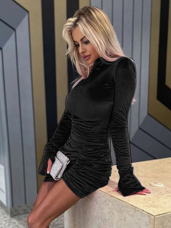 Cnyishe Sexy samta Mini kleitas Sieviešu Modes Garām piedurknēm Masīvs Ielu apģērbs Tievs apvalks Izdilis Bodycon Vestidos Halāti Sieviešu