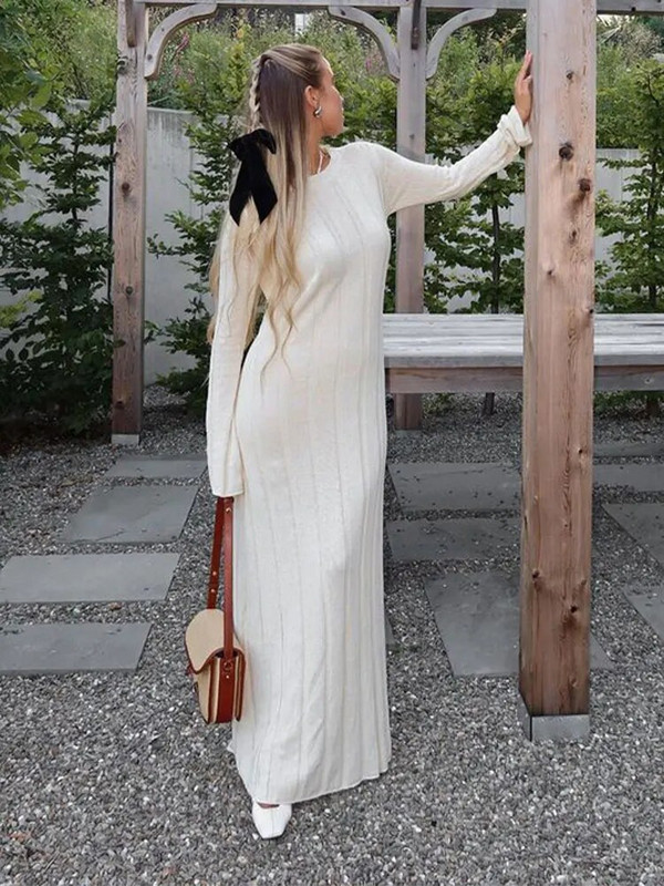 Elegantne avar ja soliidne naiste kootud maksikleit Naistele mõeldud O-kaelusega pikkade varrukatega plisseeritud kleidid 2023. aasta sügise šikk tänavarõivaste naiste rüü