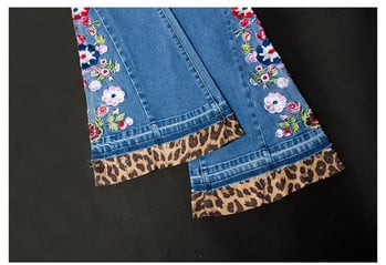 LOGAMI Leopard Patchwork Floral Κέντημα Τζιν Γυναικείο Ελαστικό Skinny Flare Τζιν Παντελόνι Γυναικείο Φθινοπωρινό Τζιν