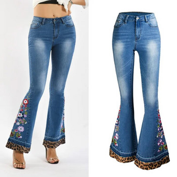 LOGAMI Leopard Patchwork Floral Κέντημα Τζιν Γυναικείο Ελαστικό Skinny Flare Τζιν Παντελόνι Γυναικείο Φθινοπωρινό Τζιν