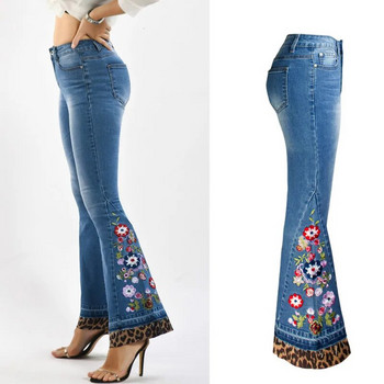 LOGAMI Leopard Patchwork Floral Κέντημα Τζιν Γυναικείο Ελαστικό Skinny Flare Τζιν Παντελόνι Γυναικείο Φθινοπωρινό Τζιν