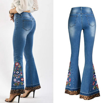 LOGAMI Leopard Patchwork Floral Κέντημα Τζιν Γυναικείο Ελαστικό Skinny Flare Τζιν Παντελόνι Γυναικείο Φθινοπωρινό Τζιν