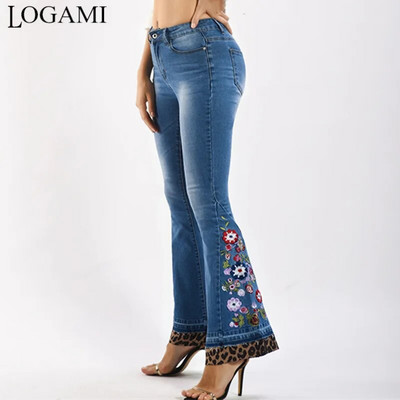 LOGAMI Leopard Patchwork Floral Κέντημα Τζιν Γυναικείο Ελαστικό Skinny Flare Τζιν Παντελόνι Γυναικείο Φθινοπωρινό Τζιν