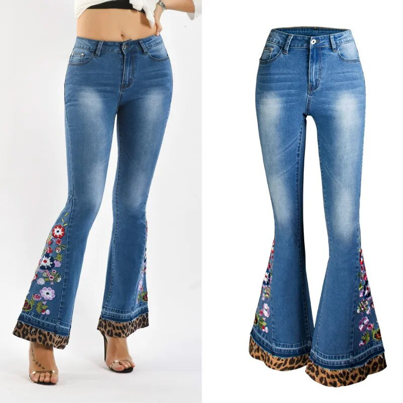 LOGAMI Leopard Patchwork Lilletikandid Teksad Naised Elastsed Skinny Flare Denimpüksid Naiste Sügisteksad
