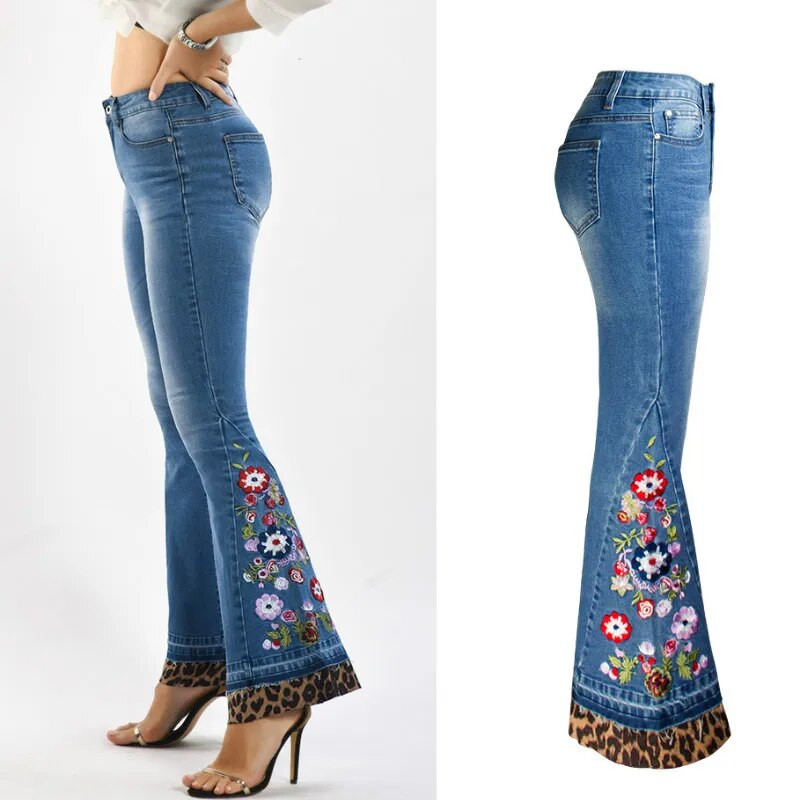 LOGAMI Leopard Patchwork Lilletikandid Teksad Naised Elastsed Skinny Flare Denimpüksid Naiste Sügisteksad