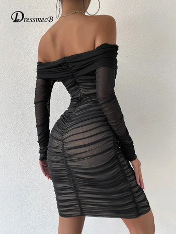 Dressmecb Off Shoulder Mesh Φόρεμα για πάρτι Γυναικεία Ρούχα Σέξι Club Φορέματα με εξώπλατο Ruched Bodycon Μακρυμάνικα Φθινοπωρινά Vestidos