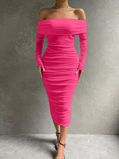 Dressmecb Off Shoulder Mesh Peokleit Naiste Riietus Seksikas Klubi seljata ruched Bodycon kleidid Pikad varrukad Sügisvestid