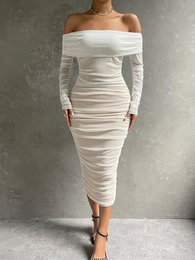 Dressmecb Off Shoulder Mesh Peokleit Naiste Riietus Seksikas Klubi seljata ruched Bodycon kleidid Pikad varrukad Sügisvestid