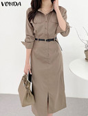 Kontorikleit VONDA Elegantne Naiste suvine pikkade varrukatega pikk särk 2023. aasta moodne kleit vabaaja ühevärviline Midi Vestidos