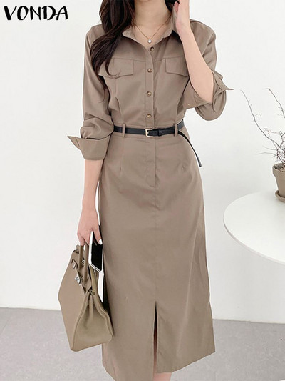 Kontorikleit VONDA Elegantne Naiste suvine pikkade varrukatega pikk särk 2023. aasta moodne kleit vabaaja ühevärviline Midi Vestidos