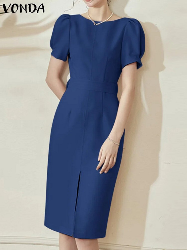 Kontorikleit VONDA Elegantne Naiste suvine pikkade varrukatega pikk särk 2023. aasta moodne kleit vabaaja ühevärviline Midi Vestidos