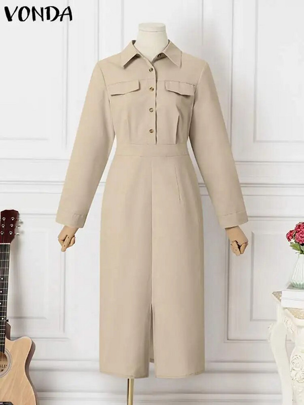 Kontorikleit VONDA Elegantne Naiste suvine pikkade varrukatega pikk särk 2023. aasta moodne kleit vabaaja ühevärviline Midi Vestidos