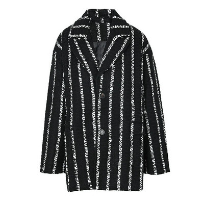 EAM Crni prugasti vuneni kaput Parke široke veličine, ležerne nove dugih rukava, ženska moda, plima, jesen, zima 2023. 1DF3214