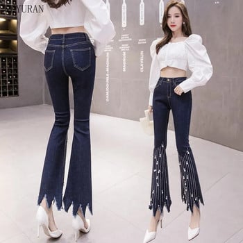 Strechy Oversize Γυναικείο Flare Jeans Παντελόνι Πέρλες Φούντες με χάντρες Ακανόνιστο τζιν Skinny Jeans Γυναικείο ψηλόμεσο παντελόνι Mom Jeans