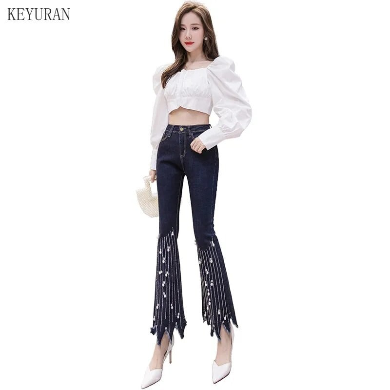Venivad ülisuured Naised Flare Teksad Püksid Pärlid Pärlitega Tutid Ebaregulaarne Denim Kitsad Teksad Naised Kõrge vöökohaga püksid Mom Teksad