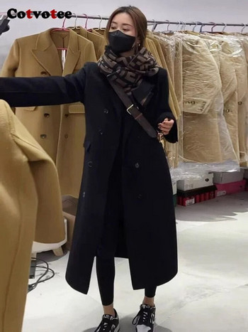 Cotvotee Μαύρο χοντρό μάλλινο παλτό Γυναικείο 2023 Φθινόπωρο Χειμώνας Νέα Μακριά Παλτό γιακά με Πήνα Vintage Φαρδιά μπουφάν με διπλό στήθος