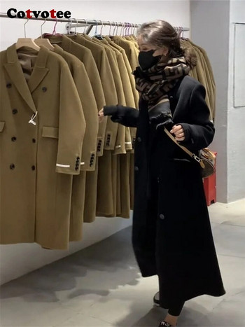 Cotvotee Black Thicken Wool Coat Women 2023 Есен Зима Нови дълги палта с отложена яка Ретро двуредни свободни якета