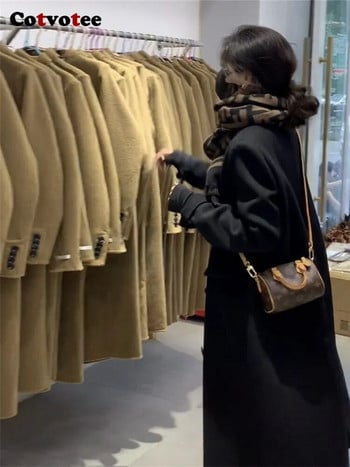 Cotvotee Black Thicken Wool Coat Women 2023 Есен Зима Нови дълги палта с отложена яка Ретро двуредни свободни якета